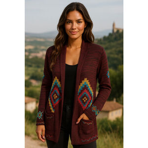 Billabong Aztec Knit Sweater Cardigan Open Front Tribal Boho Maroon M Cali Surf